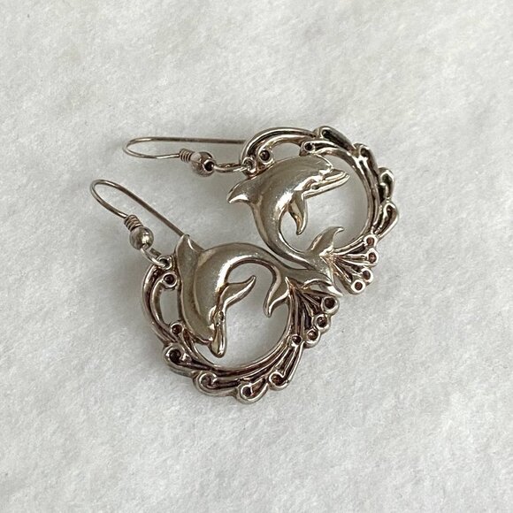 VTG Sterling Silver 925 VIMAR 1.60" Jumping Dolphin Wave Dangle Earrings Sealife - Picture 4 of 16